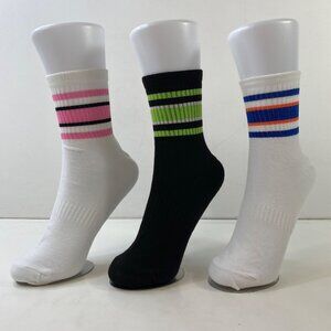 Womens Crew Socks Set 3 Stripes White Black Pink Green Blue Orange